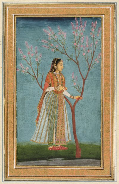 Dama de pie junto a un árbol en flor, del Pequeño Álbum Clive de Mughal School